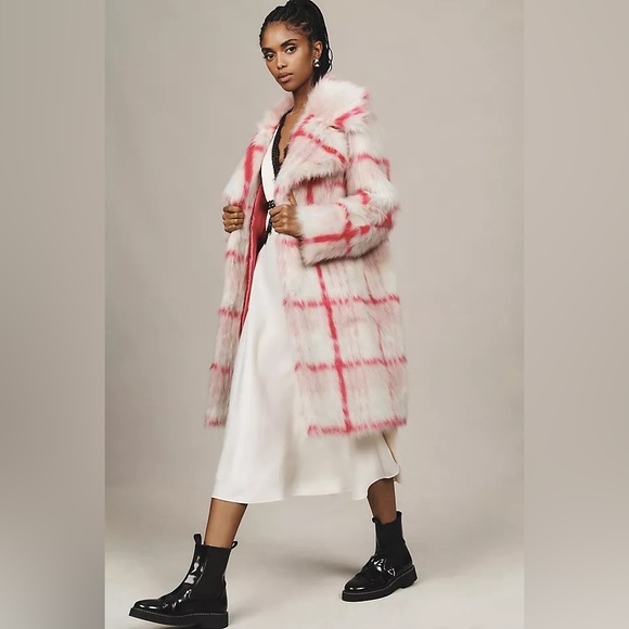 NVLT Anthropologie Tartan Plaid Faux Fur Coat - Pink and White - Picture 15 of 15